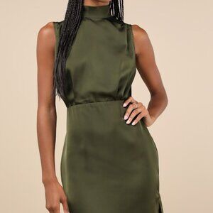 Lulus Classic Elegance Olive Satin Sleeveless Mock Neck Mini Dress Green